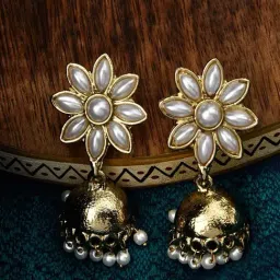 Fida Ethnic Traditional Gold Pearl Flower Earrings Jhumki Earrings-image-66