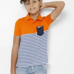 GAS KIDS Orange & Navy Cotton Striped Polo T-Shirt-picture-3