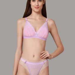 AROUSY Pink Self Pattern Bra Panty Set-image-80