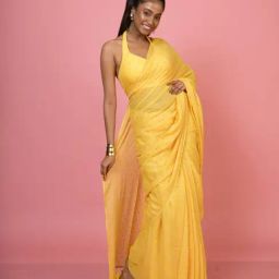 Huts And Looms Yellow Cotton Polka Dot Cotton Saree-image-72