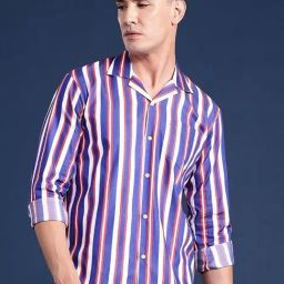 Hancock Navy Cotton Relaxed Fit Stripes Shirts-image-101