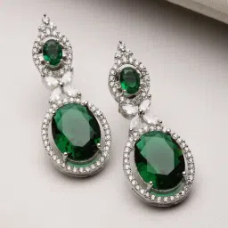 Zeneme Rhodium Plated Silver Green AD Studded Paisley Drop Earrings-image-17