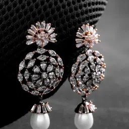 Priyaasi Rose Gold-Plated American Diamond Studded Floral Pattern with Pearls Dangler Earrings image 1