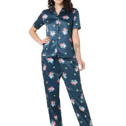Smarty Pants Teal Satin Printed Shirt With Pyjamas image 1