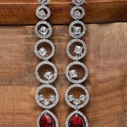 Zeneme Rhodium Plated Silver Toned Red AD Long Dangler Earrings-3