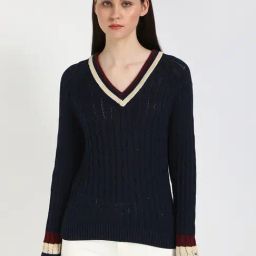 TOMMY HILFIGER Blue Cotton Solid Full Sleeves Sweater-picture-5