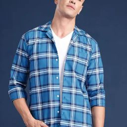 Hancock Blue Cotton Relaxed Fit Checks Shirts-image-11