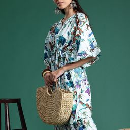 Sangria Blue Floral Printed Jacquard Pleated Kaftan Pure Cotton Kurti with Palazzos-45