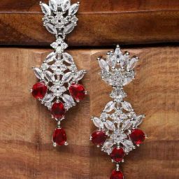 Zeneme Rhodium Plated Red AD Studded Spiked Shaped Drop Earrings-29