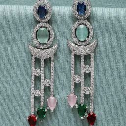 Zeneme Rhodium Plated Crystal Multi Colour AD Dangler Earrings-25