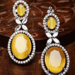Zeneme Rhodium Plated Silver Yellow AD Studded Paisley Drop Earrings-image-85