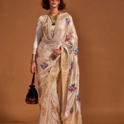 Odette Beige Satin Woven Design Saree with Unstitched Blouse Piece-picture-28