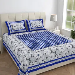 HOMELINE Blue & White Floral Printed Pure Cotton 144 TC King Bedsheet Set 2.28m x 2.62m-image-0