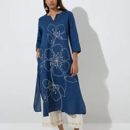Utsa by Westside Navy Floral Embroidered Cotton-Blend A-Line Kurta-33