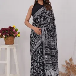 Shivanya Handicrafts Floral Zari Linen Blend Block Print Saree-image-69