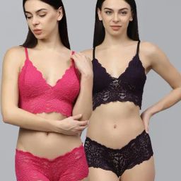 AROUSY Pink & Black Self Pattern Bra Panty Set - Pack Of 2-image-41