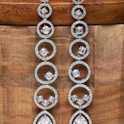 Zeneme Rhodium Plated Silver Toned White AD Long Dangler Earrings-25