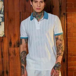 Campus Sutra Chalk White Aegean Blue Contrast Texture Polo T-Shirt-picture-16