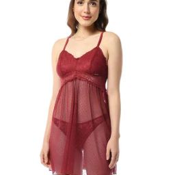 Amante Maroon Lace Work Babydoll-image-14