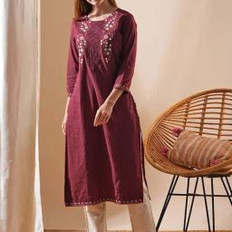 Fashor Purple Cotton Embroidered Straight Kurta-image-8