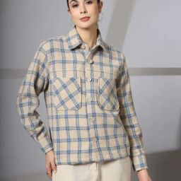 Chkokko Cream & Blue Chequered Shacket-image-65