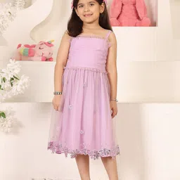 ADORNIA Girls Floral Embroidered Gathered or Pleated Shoulder Straps Net Fit & Flare Dress-picture-21