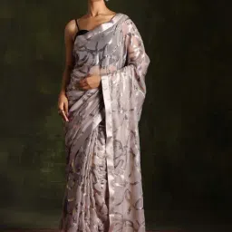Libas Grey Embroidered Saree With Unstitched Blouse-image-2