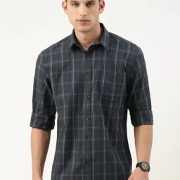 Burnt Umber Men Navy Blue Regular Fit Cotton Checked Shirt-image-2