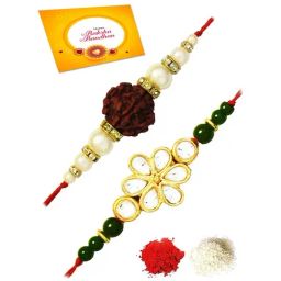 Karatcart Gold-Plated Kundan Rakhi with Roli Chawal & Greeting Card for Brother - Set of 2-40