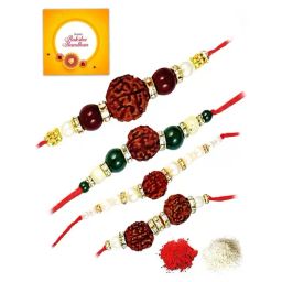 Karatcart Gold-Plated Kundan Rakhi with Roli Chawal & Greeting Card for Brother - Set of 4 image 2