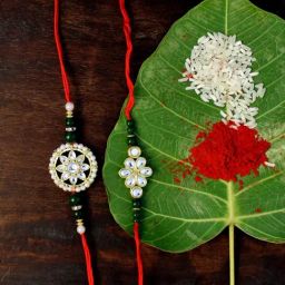 Karatcart Gold-Plated Kundan Rakhi with Roli Chawal & Greeting Card for Brother - Set of 2-19