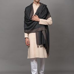Exotic India Unisex Reversible Kullu With Chevron Weave & Multi Striped Border Wool Shawl-49
