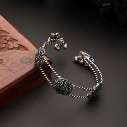 Aatmana Silver-Plated Green Stone-Studded Oxidized Handcrafted Cuff Style Bracelet-10