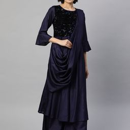 Cottinfab Women Navy Blue Yoke Design Sequinned Kurta with Palazzos & Attached Dupatta-image-11