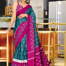 Blue Soft Cotton Block Print Saree with Unstitched Blouse Piece-3