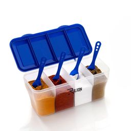RILION Multipurpose Plastic 4 In 1 Masala Box for Kitchen, Transparent Pickel Box, 4 Compartment Storage Container Airtight For Cereal, Dry Fruits Dabba1800 Ml with 4 Spoons(Blue) image 1