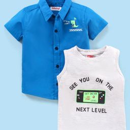 Babyhug 100% Cotton Half Sleeves Shirt With T-Shirt Text Print- Blue & White-image-52