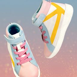 KazarMax Hopits Striped Patterned Colour Blocked High Top Unisex Sneakers - White & Peach-image-78