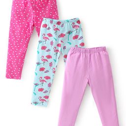 Babyhug Cotton Lycra Full Length Leggings Hearts Printed Pack of 3 - Pink Blue & Lilac-image-65