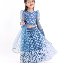 Babyhug Three Fourth Sleeve Sequined Embroidered Choli with Lehenga and Dupatta Set - Blue-image-44
