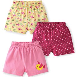 Babyhug Cotton Knit Shorts  Bird & Polka Dot Print with Bow Applique Pack of 3 - Multicolour-image-94