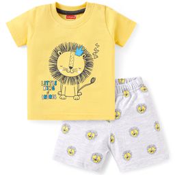 Babyhug Single Jersey Knit Half Sleeves Night Suit With Lion Print - Yellow & Grey-image-74