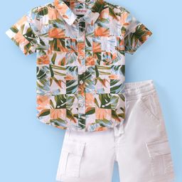 Babyhug 100% Cotton Woven Half Sleeves T-Shirt & Shorts With Tropical Print - White & Green-image-66