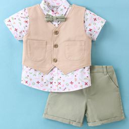 ToffyHouse 100% Cotton Woven Half Sleeves Printed 3 Piece Party Suit with Bow - Green-image-32