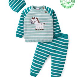 Babyhug Knitted Full Raglan Sleeves Pullover Sweater Set With Cap & Horse Patch Detailing - Green-image-42