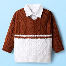 Babyhug Knitted Full Sleeves Mock Collar Neck Pullover Sweater With Cable Knit Design - Rust Orange & White-image-2