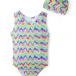 Kookie Kids Sleeveless V Cut Swimsuit with Chevron Print & Cap - Green-image-74