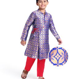 EARTHY TOUCH Brocade Woven Full Sleeves FloralPrinted Kurta & Pyjama Set - Blue & Red-image-87