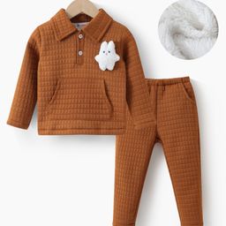 Kookie Kids Full Sleeves Winter T-Shirt & Lounge Pant Set With Animal Applique & Kangaroo Pockets - Brown-image-67