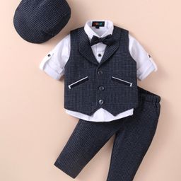 Robo Fry Lycra Knit Full Sleeves Solid Colour Textured 3 Piece Party Suit With Hat & Bow - Navy Blue-image-64